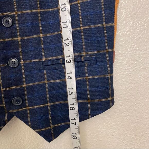 Romano Boys kids Navy blue plaid tweed orange lined formal dress up vest suit 9 - Picture 4 of 9